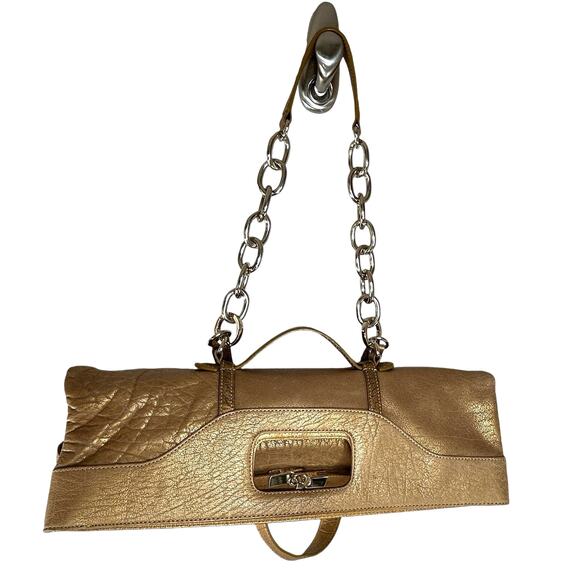 Y2K BCBGMaxazria Structured 3-Way Handbag Bronze Metallic Leather Minimalist - Picture 3 of 10